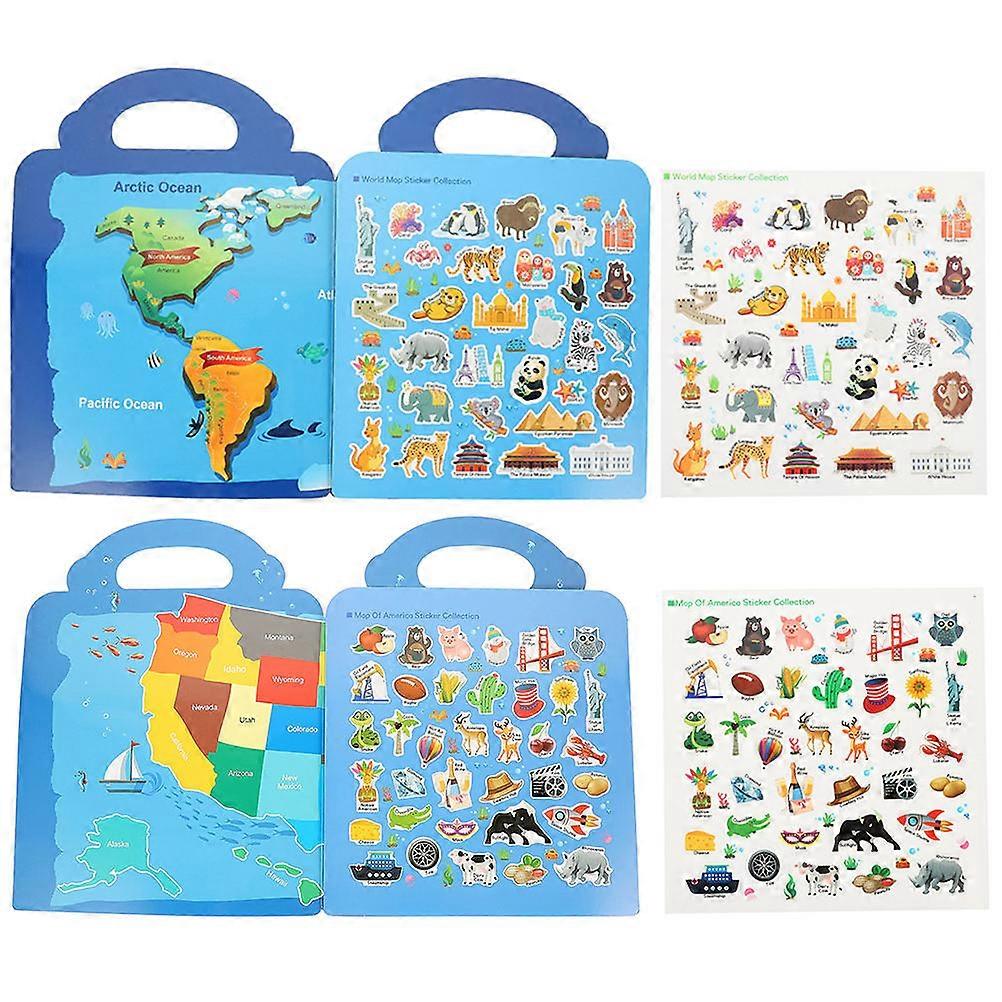 2pcs Adorable DIY Map Sticker Book for Reusable Activity Books with American & World Maps – Educational Fun for Imagination and Creativity