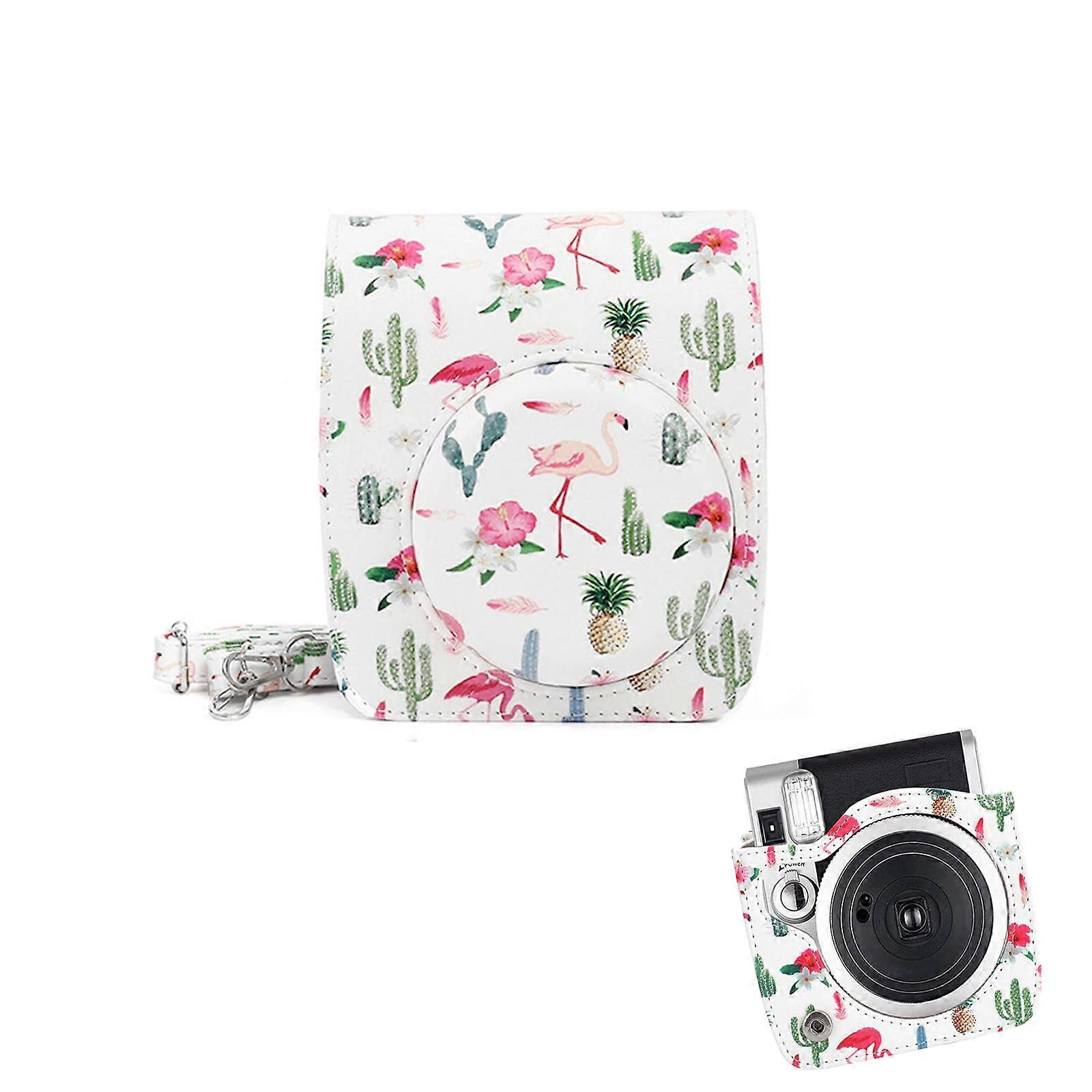 Camera Case for Instax Mini 90 - Protective PU Leather Case with Strap, Cactus Flamingo Design, Casual Style