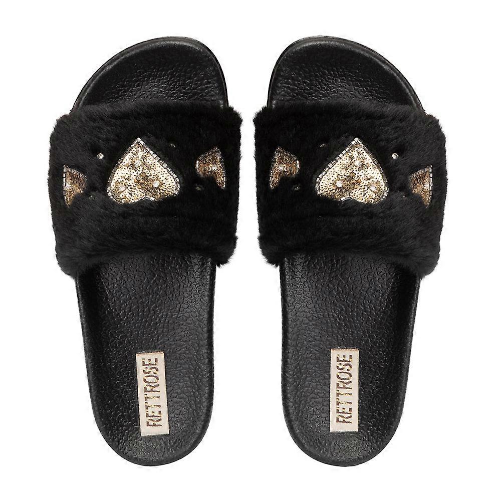 The ella noir luxury plush diamanté handmade black sliders for women – faux fur, comfortable rubber sole, daily wear