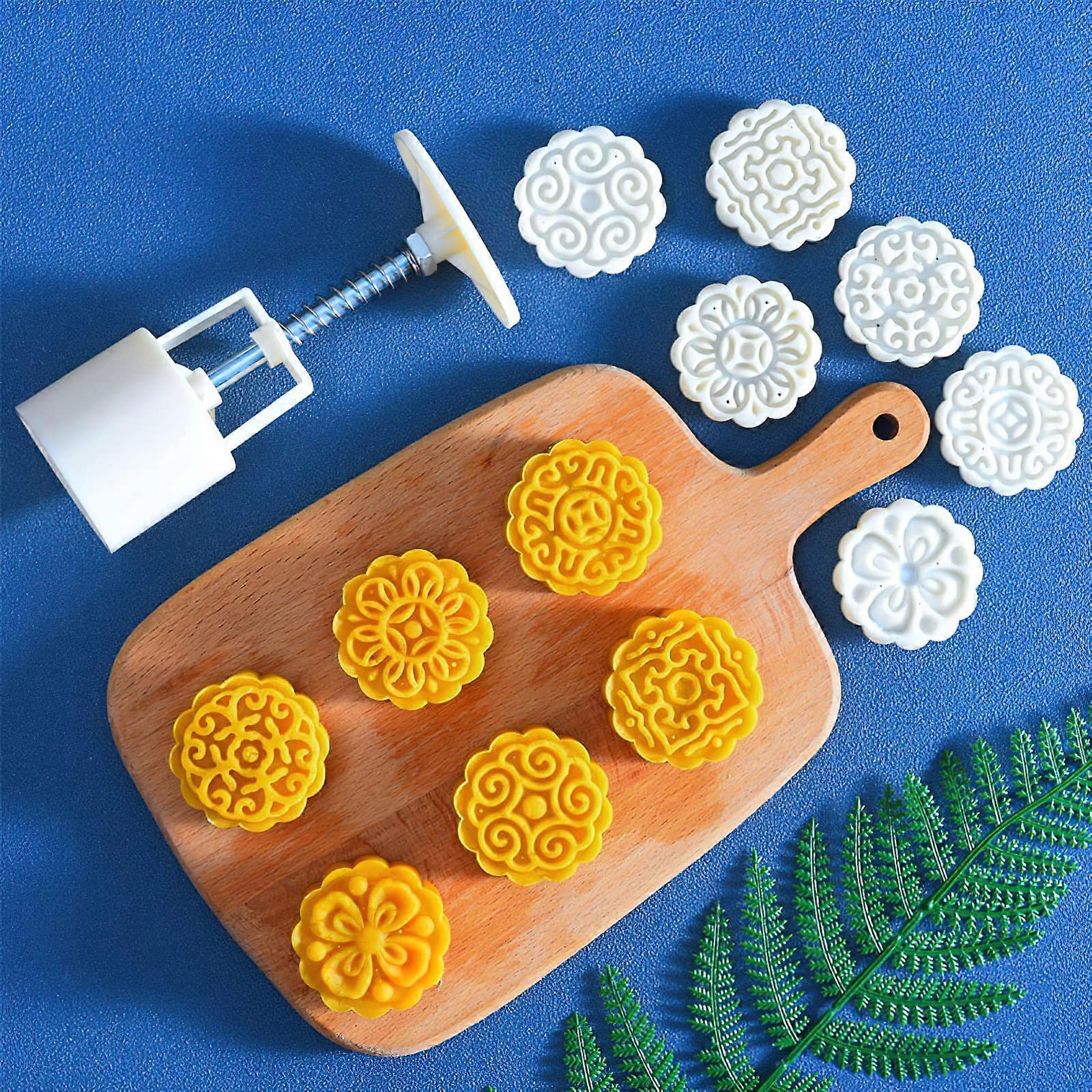 Mooncake Mold Cookie Stamps Set, 50G 3D Flower Design Baking Mould with 6 Stamps for Traditional Mooncakes and Fondant Desserts