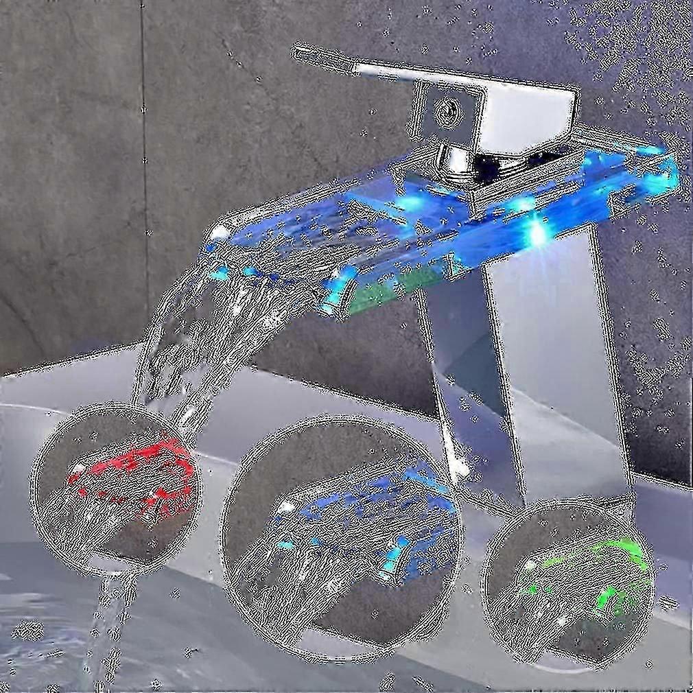 RGB LED Waterfall Basin Faucet with 3-Color Change, Chrome Brass and Glass Design for Modern UK Bathrooms