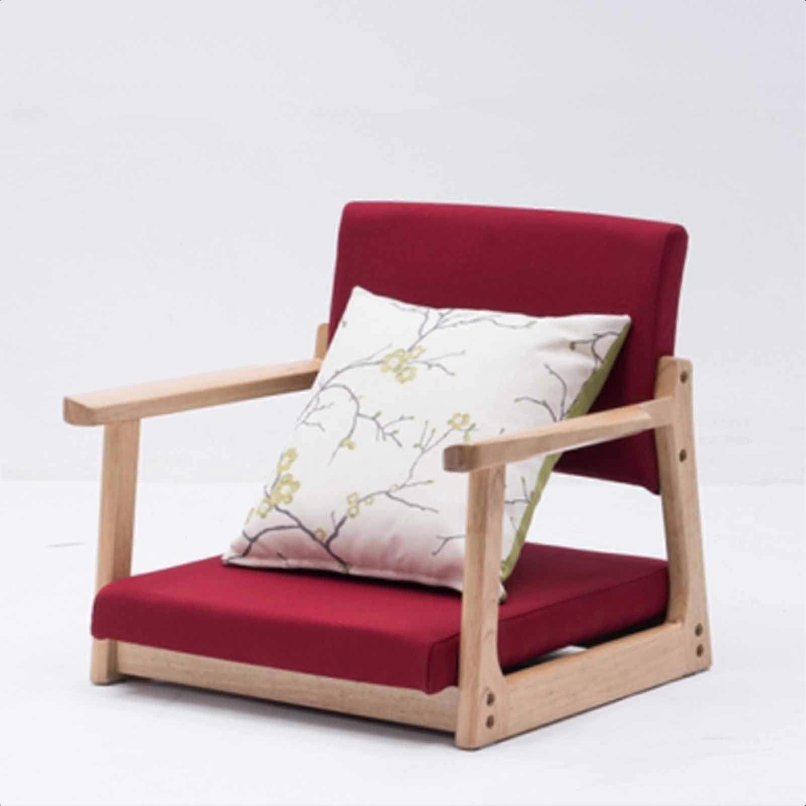 Solid Wood Tatami Chair with Armrest and Backrest Japanese Style Floor Chair, Red, 54x24x49cm, Low Seat Cushion