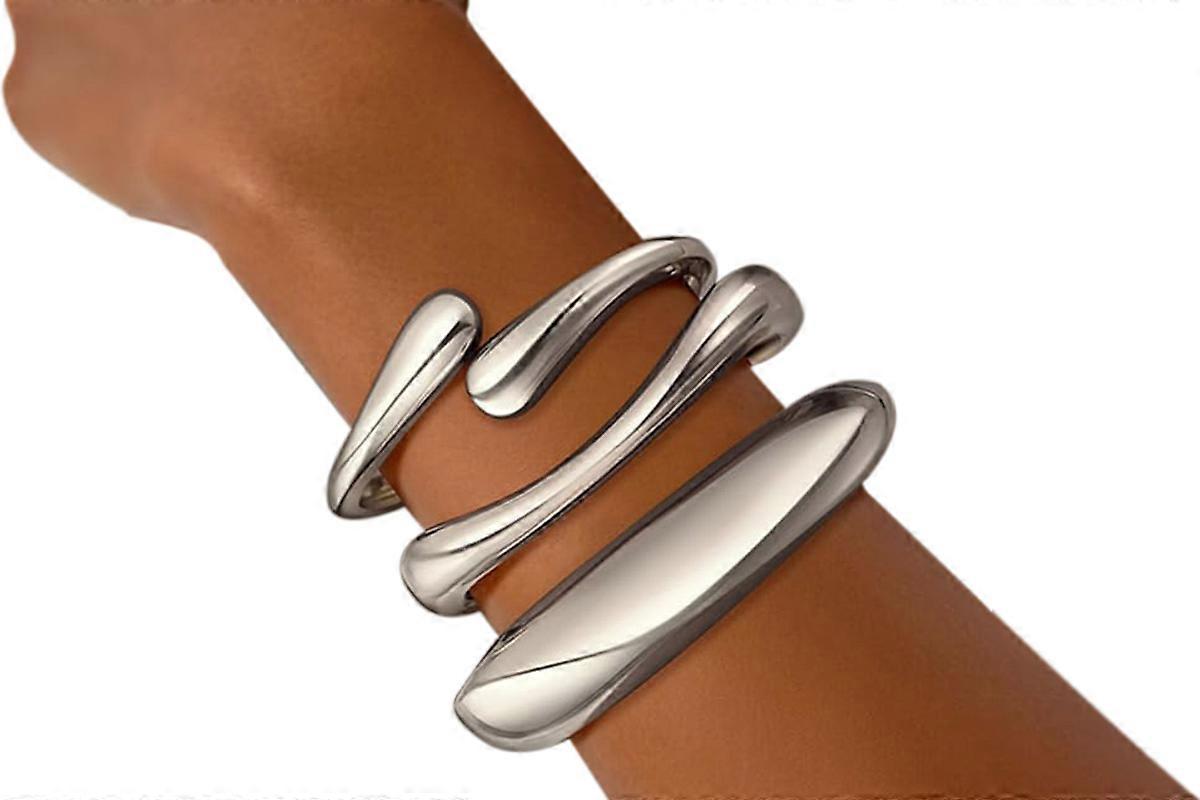 3Pcs Chunky Gold Bangle Bracelets Wide Wrist Cuff Stackable Jewelry Gift-Silver