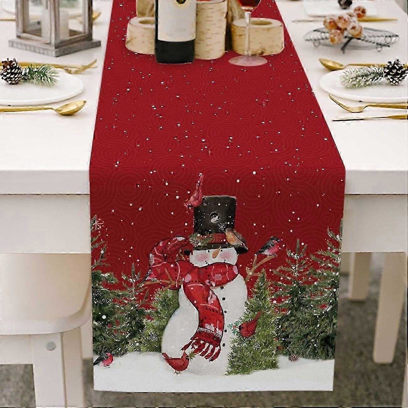 Snowman Christmas Birds Trees Table Runner,13 x 90 inch Seasonal Winter Xmas Holiday Kitchen Dining Table Decoration for Indoor Outdoor Home Party Dec