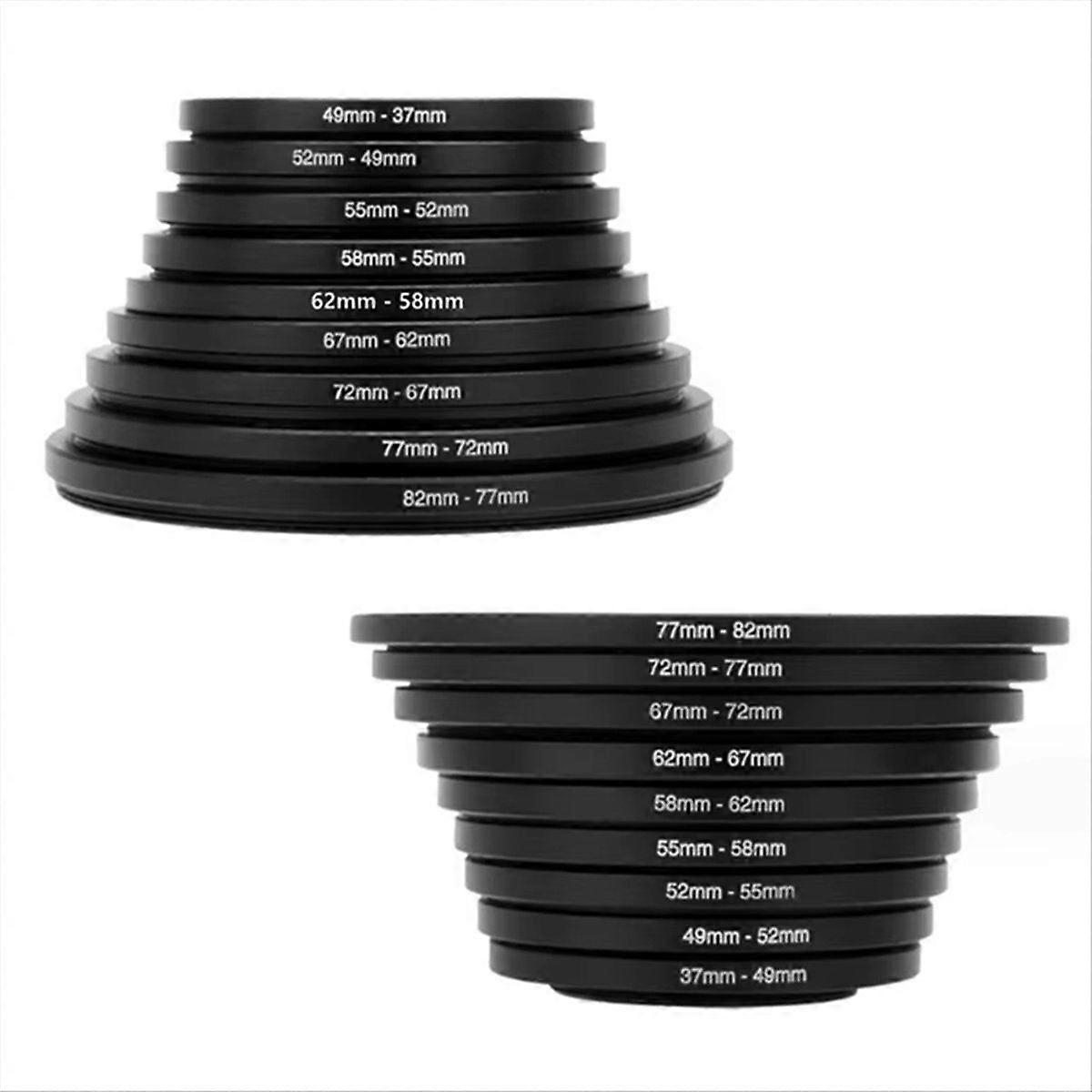 18pcs Filter Step Up Rings Adapter 49-52-55-58-62-67-72-77-82mm 49mm-82mm Filter Lens Camera Access