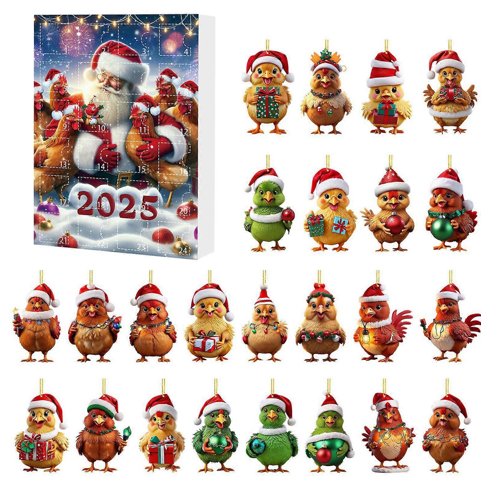 24 Days Christmas Advent Calendar 2D Flat Acrylic Chicken Countdown Calendar 2025 Chicken with Santa Hats Christmas Tree Decor