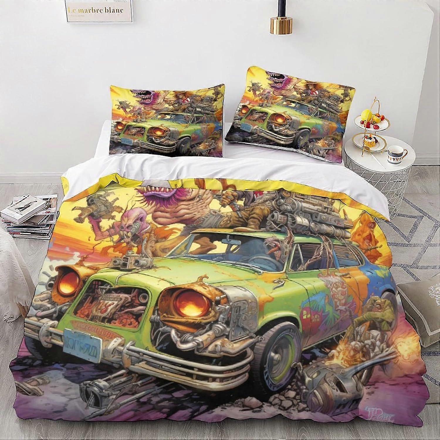 LikeEj monstros edredom capa 3D desenhos animados impresso colcha de cama carro vintage capa edredom com fecho de zíper microfibra macia dupla