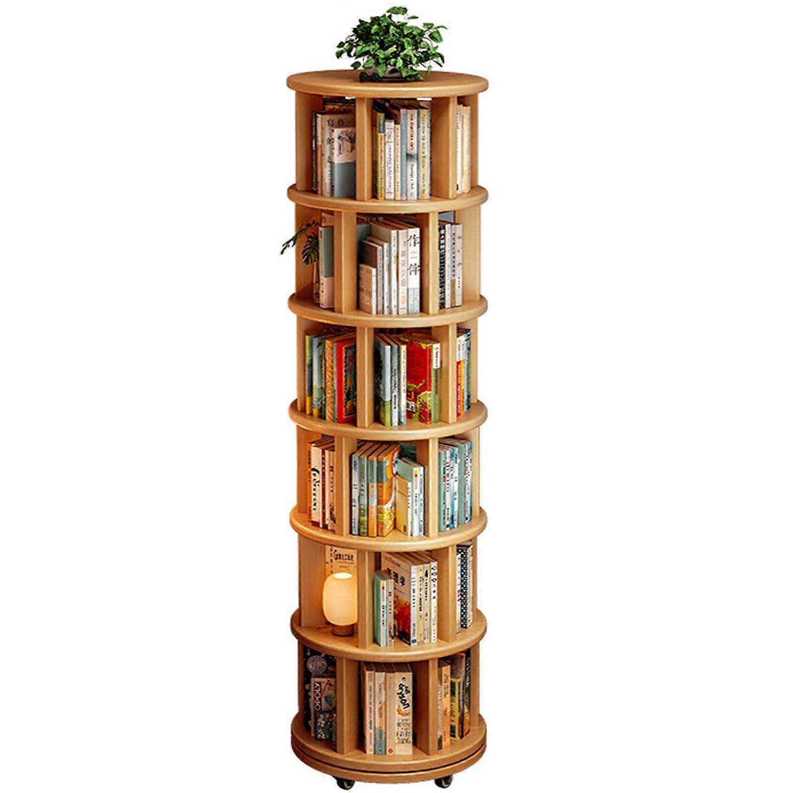 Wood Rotating Bookshelf with Wheels, 360° SpaceSaving 6Tier Wooden Bookcase for Living Room, Bedroom and Corner Storage