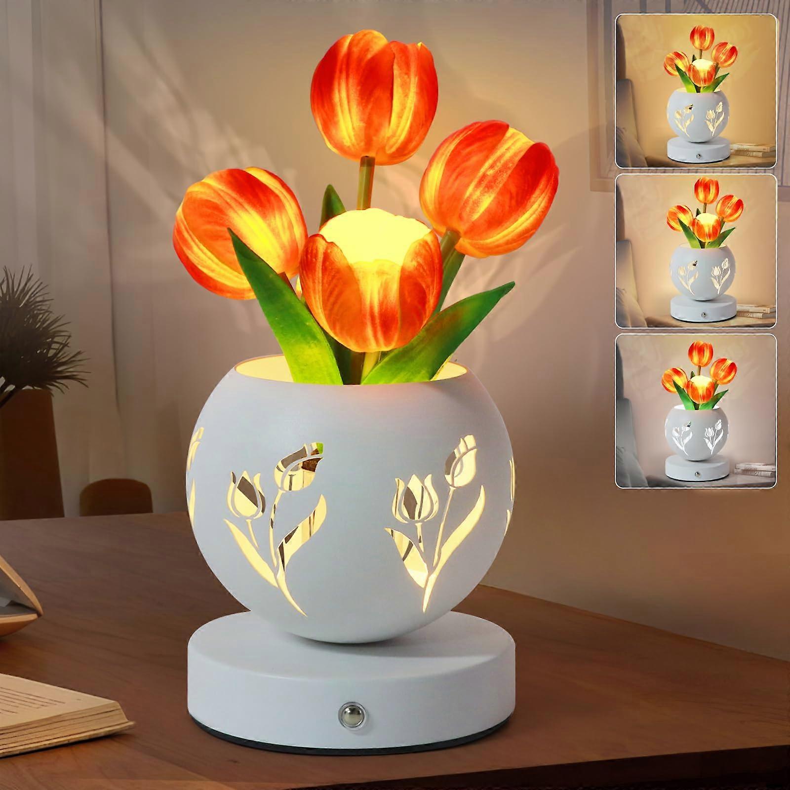 Tulip Table Lamp with Touch Dimming, USB Rechargeable LED Flower Night Light Centerpiece (Orange)