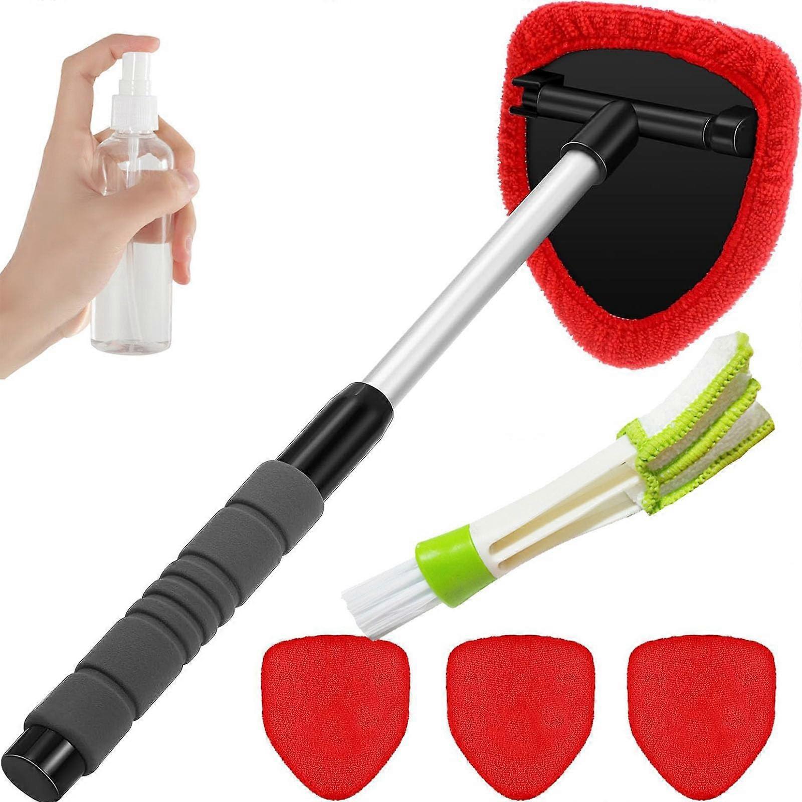 Windshield Cleaning Tool with Extendable Handle, 180° Rotating Head and 4 Microfiber Pads, Red