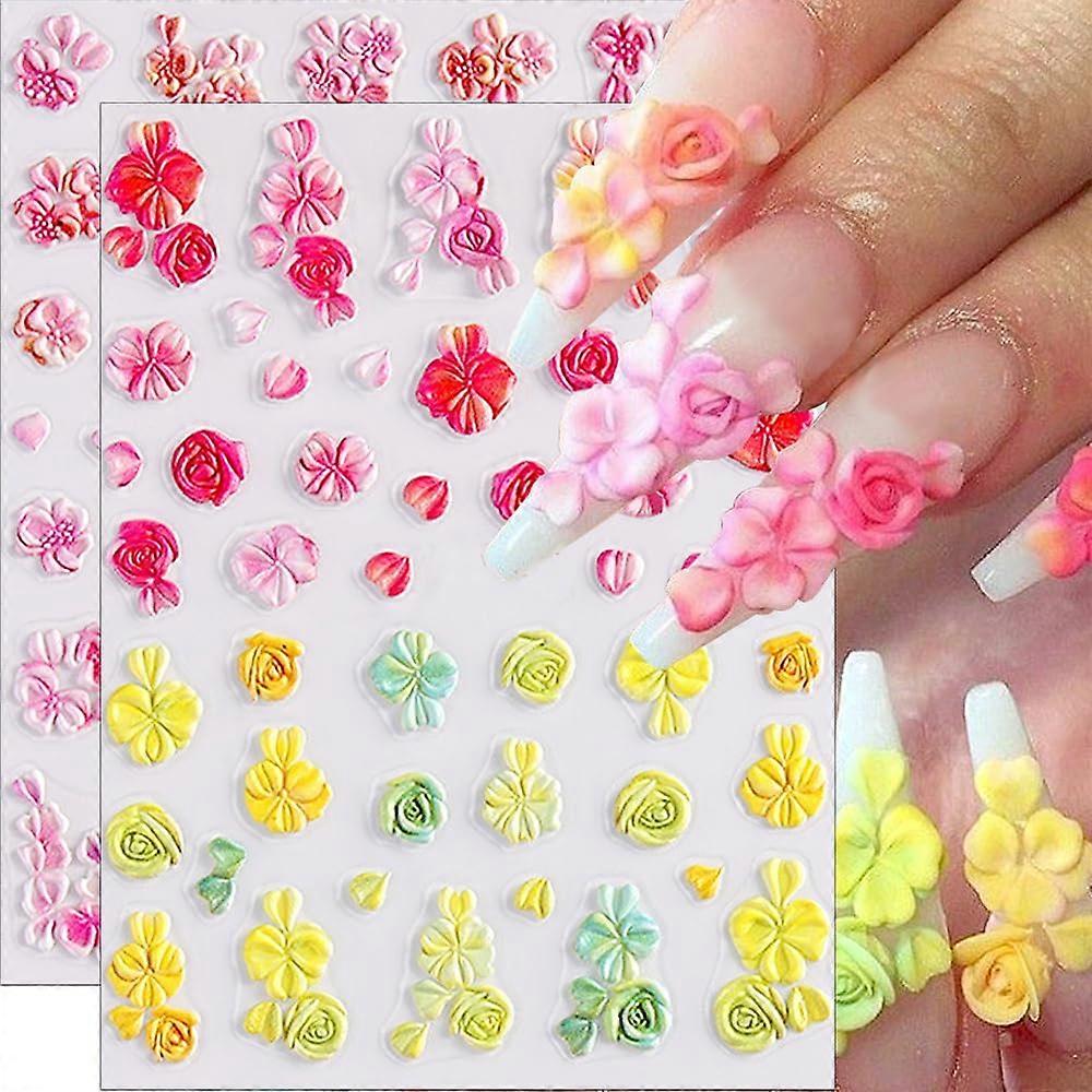 5D Nail Stickers Embossed Floral SelfAdhesive Decals for Spring Summer Manicure, 2 Sheets