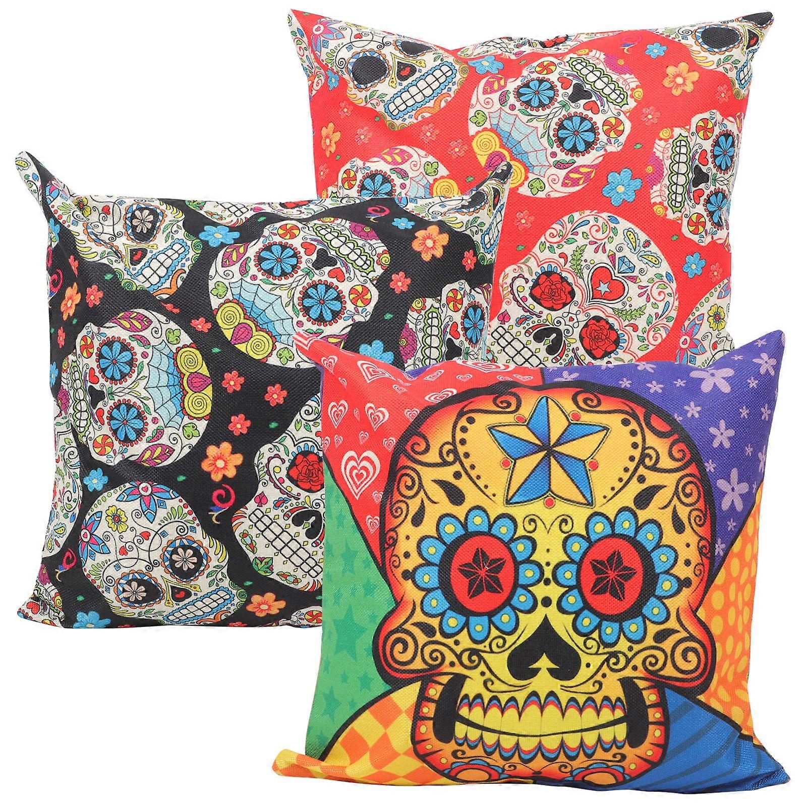 Halloween Pillow Protector Cotton Linen Case for 3Pcs Skull Pattern Covers