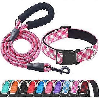 Reflective Dog Collar Padded with Soft Neoprene Breathable Adjustable Nylon Dog Collars for Small Medium Large Dogs (Large (Pack of 1), Pink Plaid Col