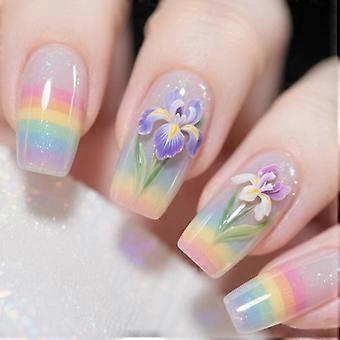 24 Stück Bunte Druck auf Nagel Lange Quadrat Falsche Nagel Schöne Blumen Acryl Nagel Glänzend Full Cover Stick On Nagel