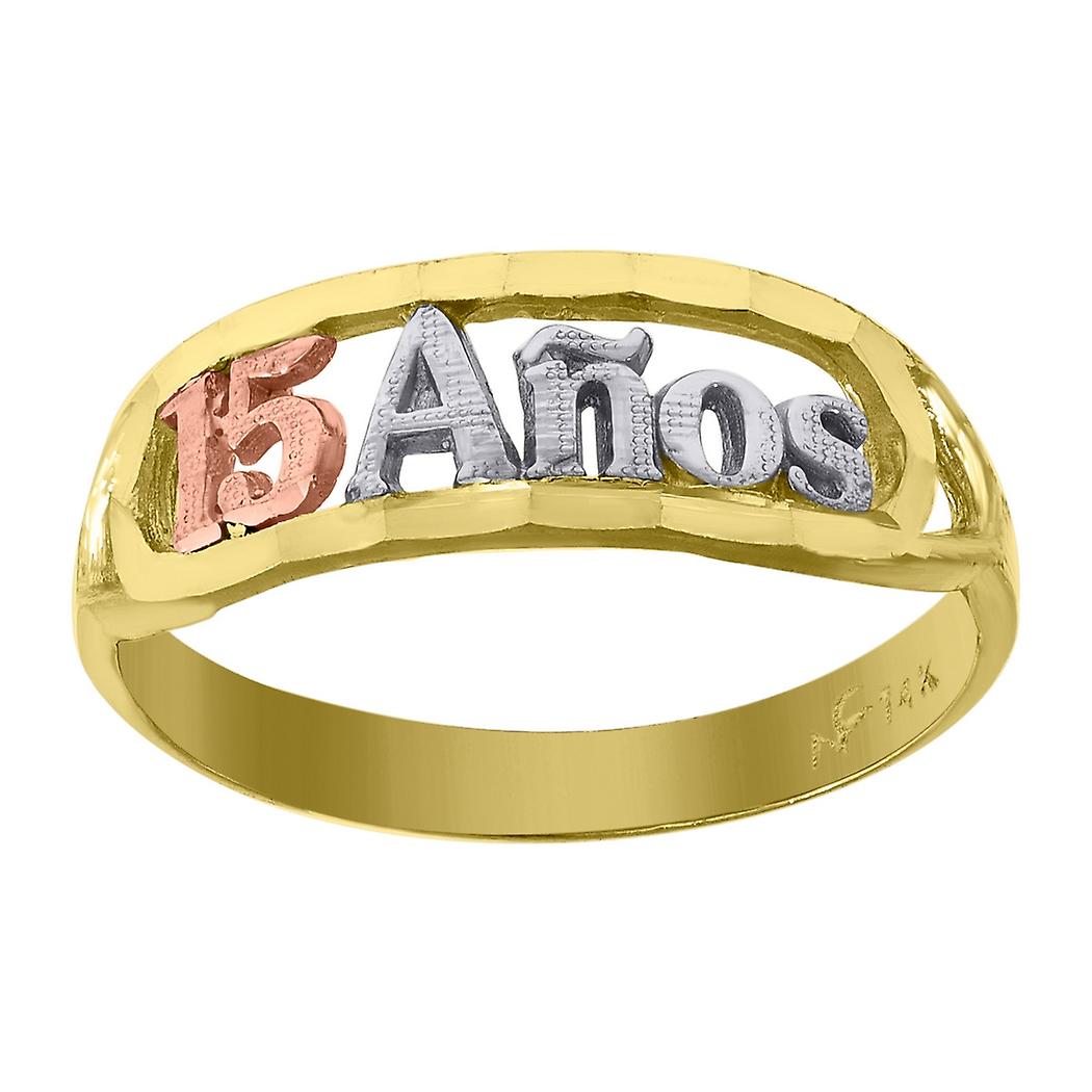 14Kゴールドレディーストリカラーダイヤモンドカット15アノスラブハート成人式リングバンド4.6x1.1mmワイドサイズ7ステートメントリング