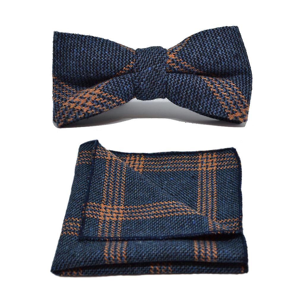 Denim Blue &amp; Orange Birdseye Check Bow Tie &amp; Pocket Square Set