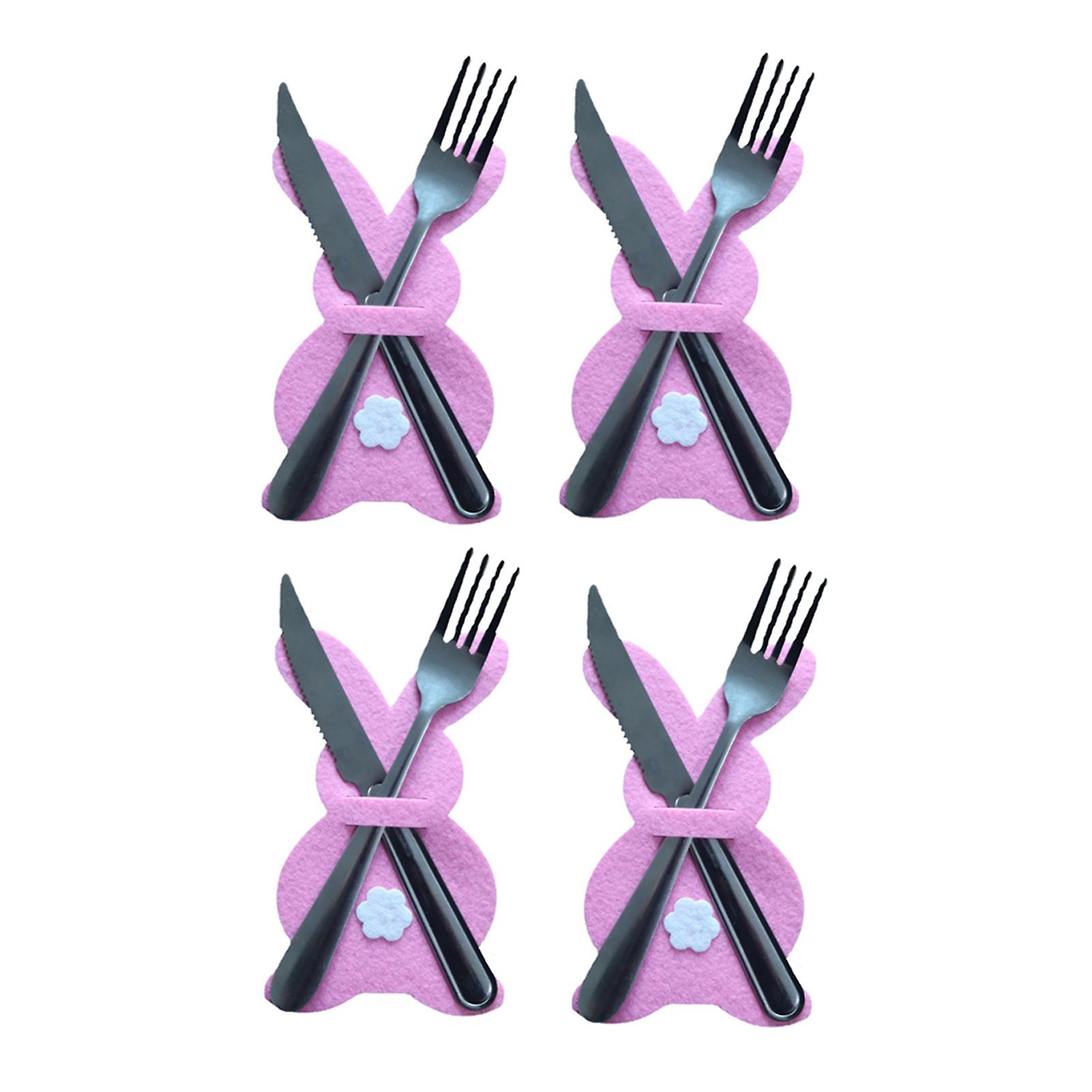 4pcs Easter Bunny Tableware Holders Knife And Fork Cover Rabbit With Mini Flower Wrapper For Dining Table Party