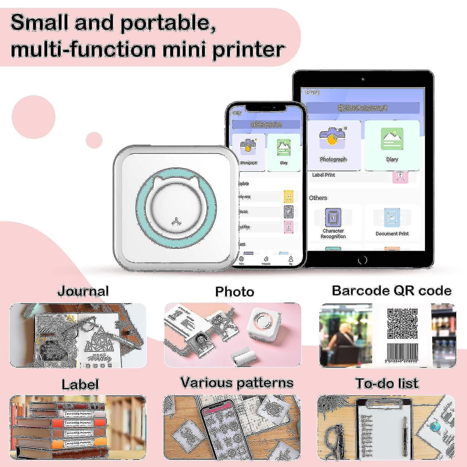 Mini impresora de etiqueta engomada de bolsillo, máquina de impresora móvil portátil inalámbrica Bluetooth Impresora térmica para notas, notas, fotos, etiquetas de bolsillo, kuo lu