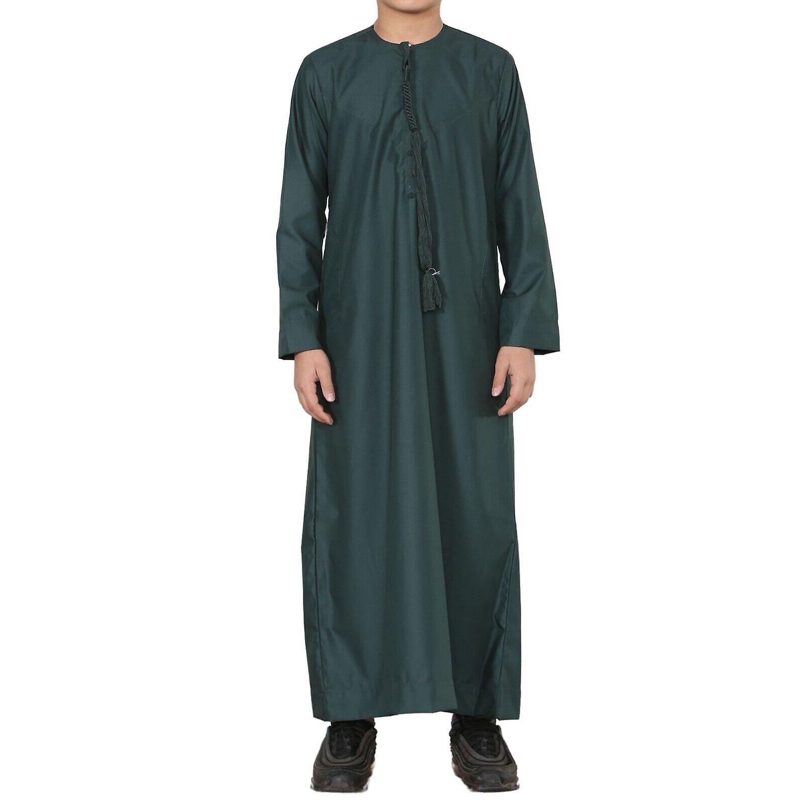 Pojkens barn Olivgrön Thobe Emirati Jubba Islamiska Kläder Kaftan Eid String Tofs