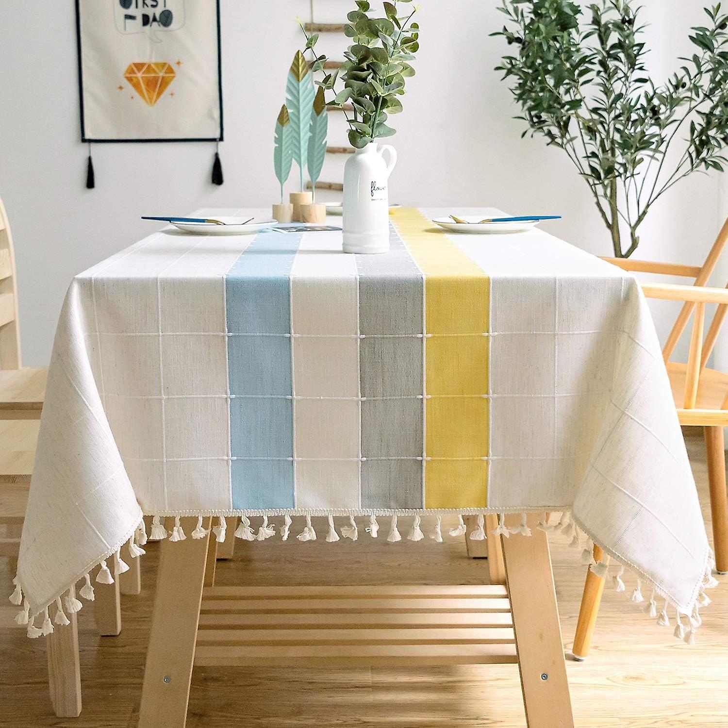 Cotton and linen rectangular tablecloth solid color plaid embroidery T