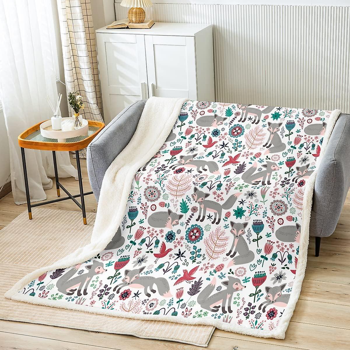 Cartoon Fox Fuzzy Blanket for Sofa Bed Cute Pixie Fox Sherpa Blanket for Kids Boys Girls Grey Pink Fleece Throw Blanket Little Plants Botanical Animal