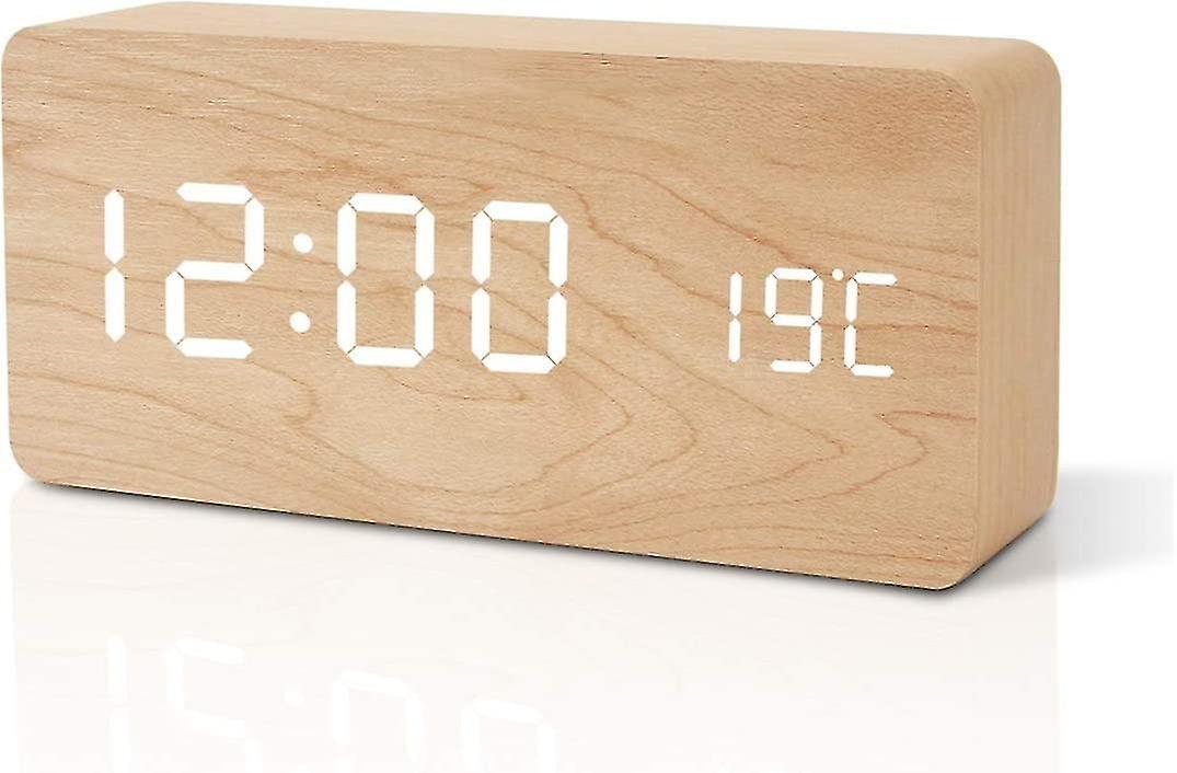 Wooden Table Clock - Led Digital Alarm Clock - Standing Clock With Date, Temperature And Usb Port - 