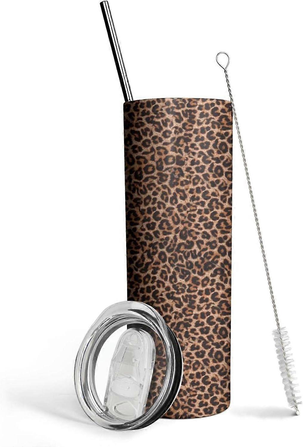 Gobelet isolé de 20 oz avec couvercle et pailles - Gobelet à café léopard double sous vide en acier inoxydable pour la maison, le bureau, la fête