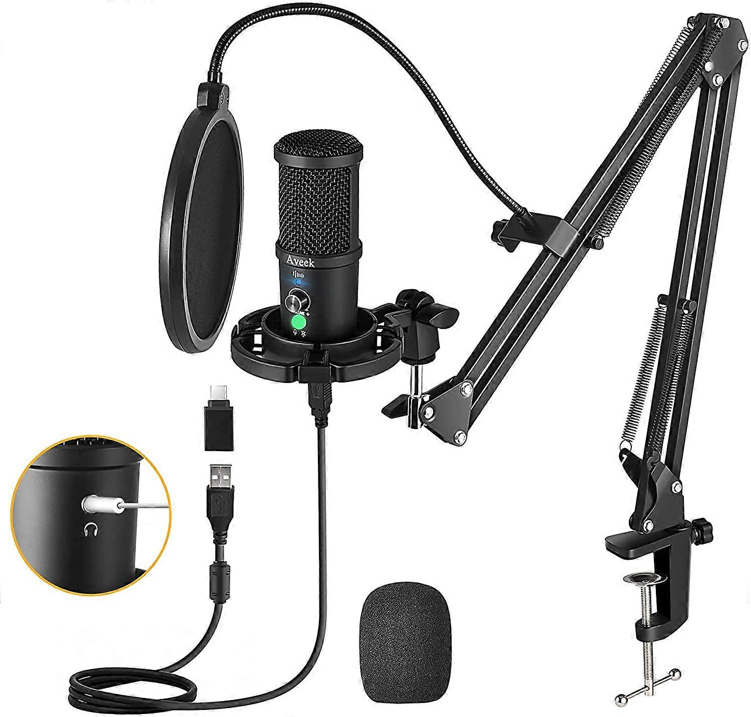 Aveek Condenser Microphone, PC Recording Microphone with Mute Button, Headphone Monitoring and Noise Cancelling, for PS4 Games, Streaming, Podcast, St