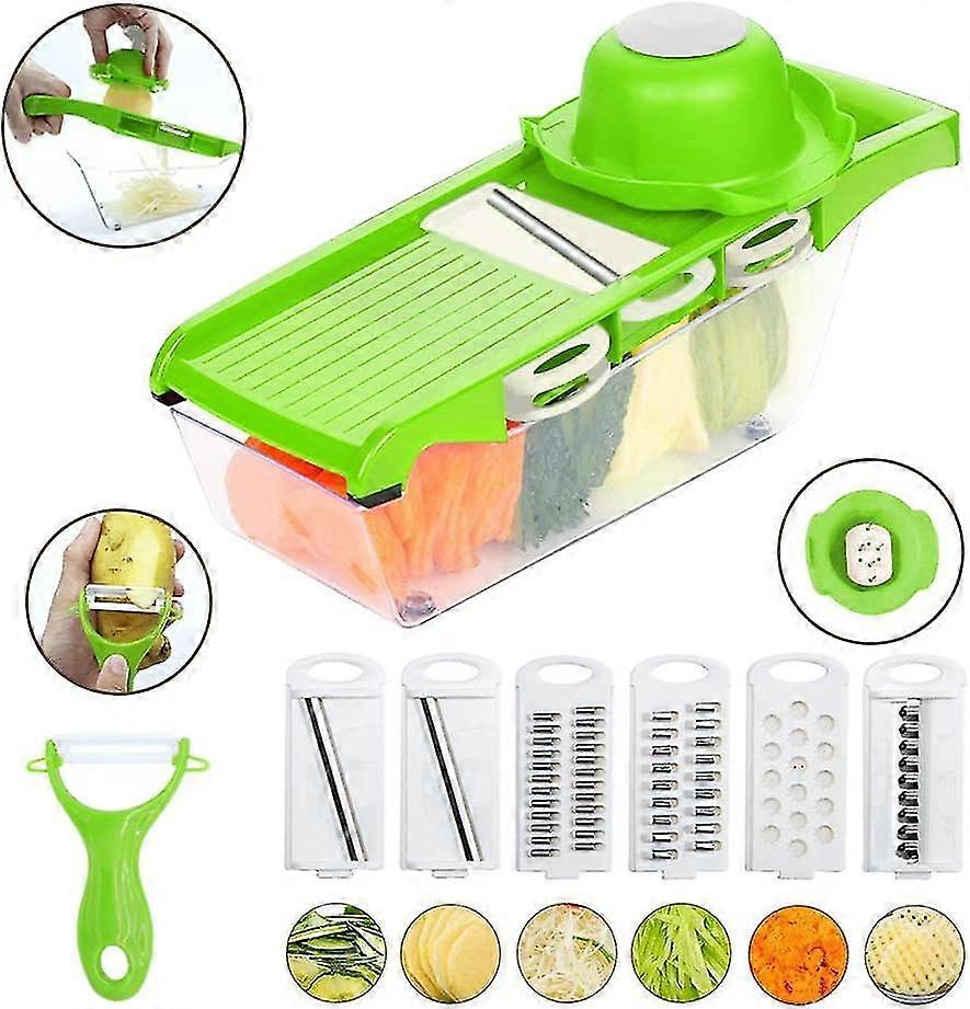 6 In 1 Multipurpose Kitchen Mandolin, Vegetable Cutter Green With Apple Vegetable Container