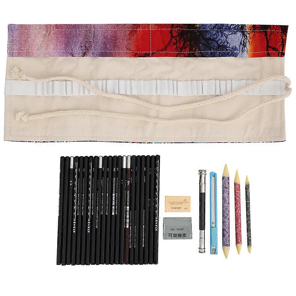 29pcs Sketching Pencil Tool Kit Beginner Artist Drawing Pencil Roll Up Case Art SuppliesSunset Tree