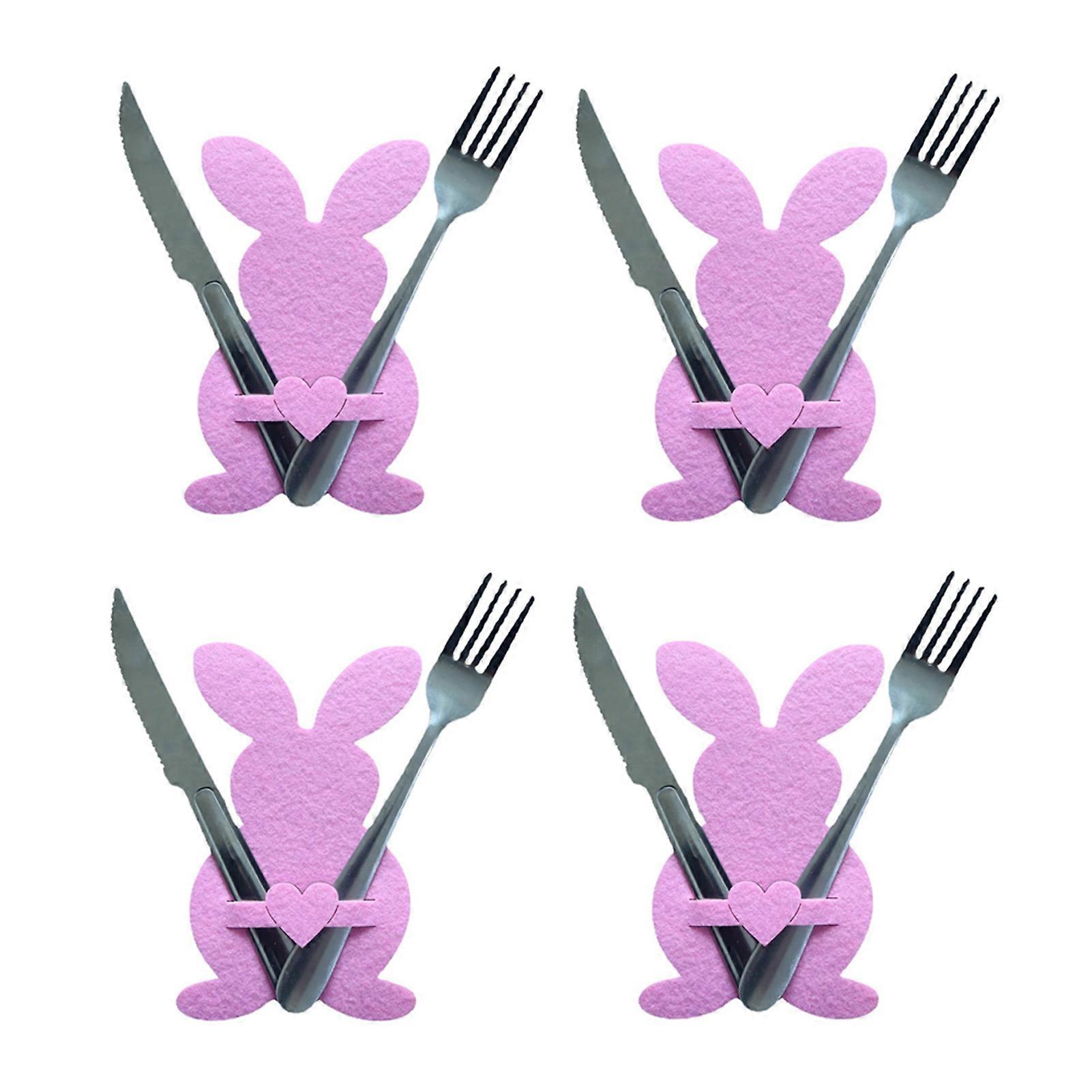 4Pcs Easter Bunny Cutlery Bag Set Rabbit Shape Knife Forks Bag Silverware Pouch Pockets for Dining Table Party