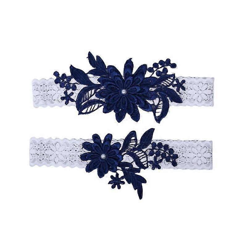 2pcs Dentelle Floral Bretelles Ceinture Stretch Perle Incrusté Ceintures De Jarretière De Mariée Fournitures de Mariage (Bleu marine)