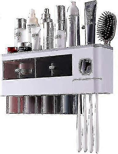 Automatic Toothpaste Dispenser Wall Mounted Space Saving Toothbrush Holder For Bathroom, 2 Clear Magnetic Cups, 6