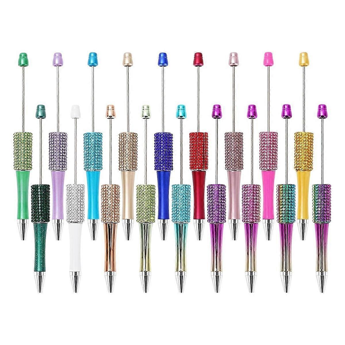 18Pcs Diamond Beadable Pen 18 Colors Plastic Bead Ballpoint Pen Multicolor Retractable Writing Pens