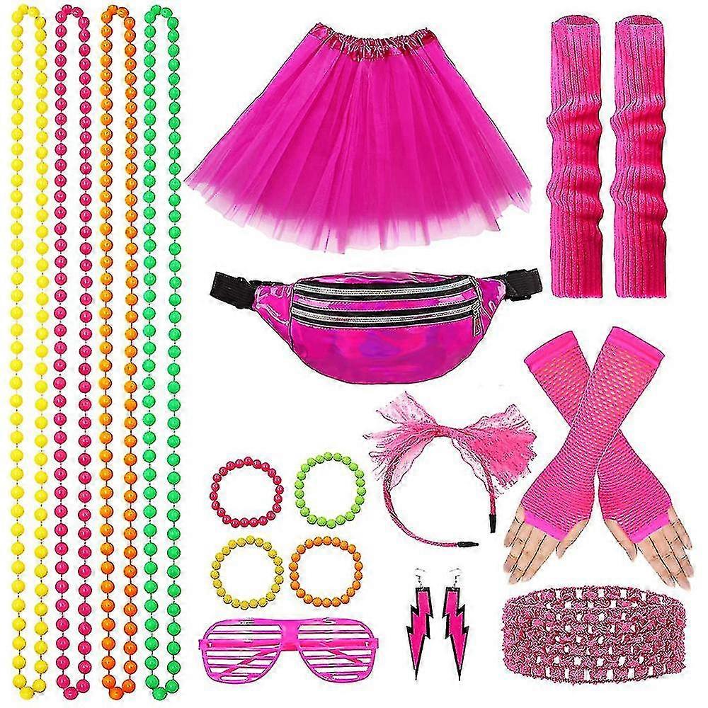 Naisten retrojuhlapukusetti - 80-luvun vintage-hienot mekkoasusteet, tutuhame, neonverkkokäsineet, helmikaulakoru, rannekoru