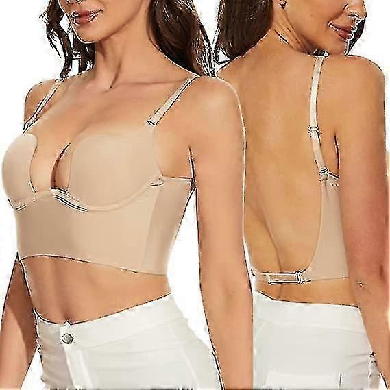 Womens Low Back Bra Wire Lifting Deep U Shaped Plunge Backless Bra With Convertible Clear Straps (Ruipei) V