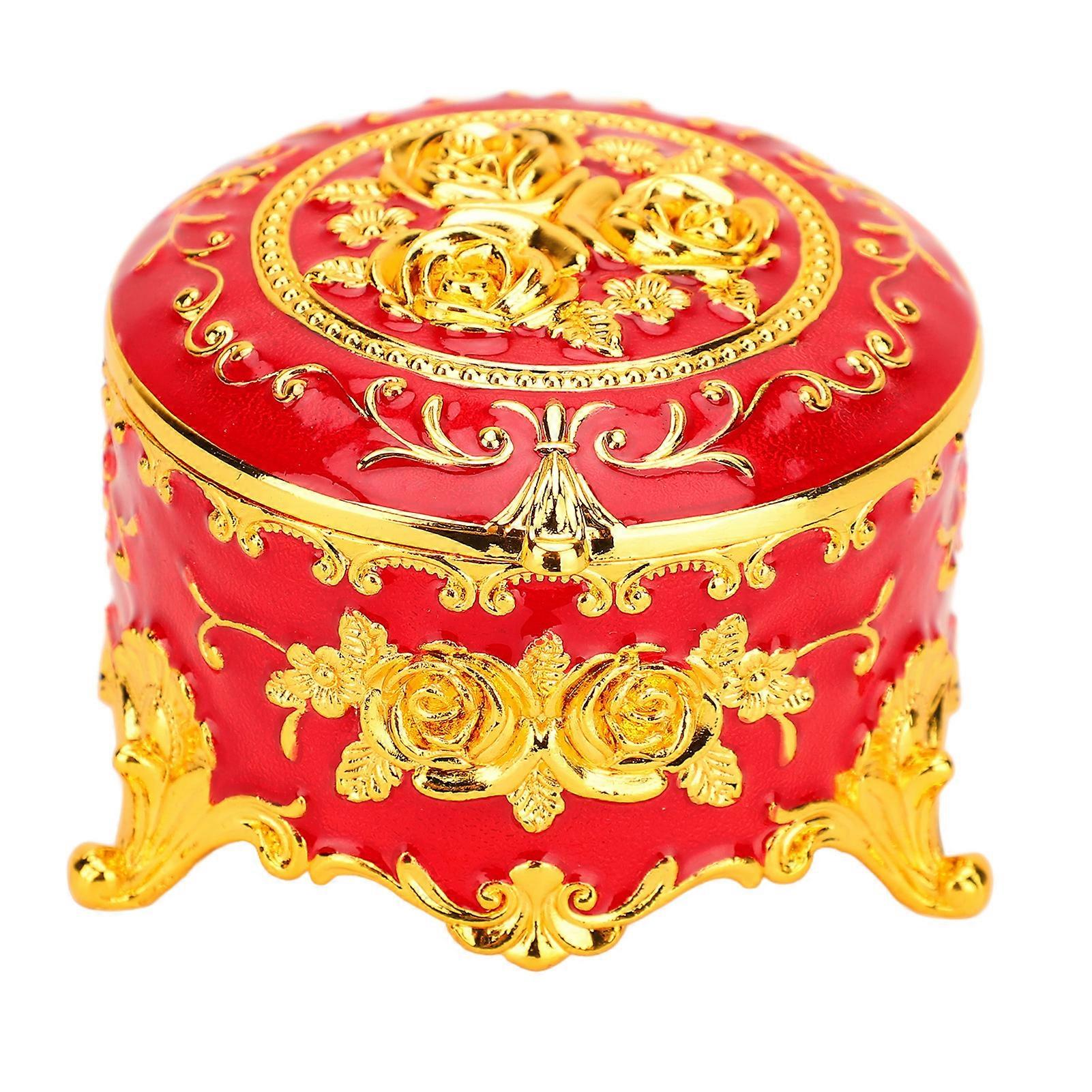 Retro Round Metal Ring Box Rose Pattern Earrings Necklaces Gold Red