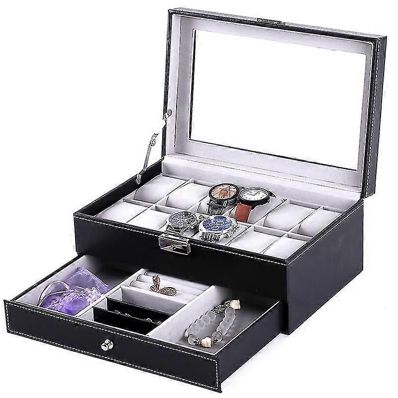 Pu Deri 12 basamaklı Saat Kutusu Çift Katmanlı Takı Yüzük Takı Depolama Kutusu