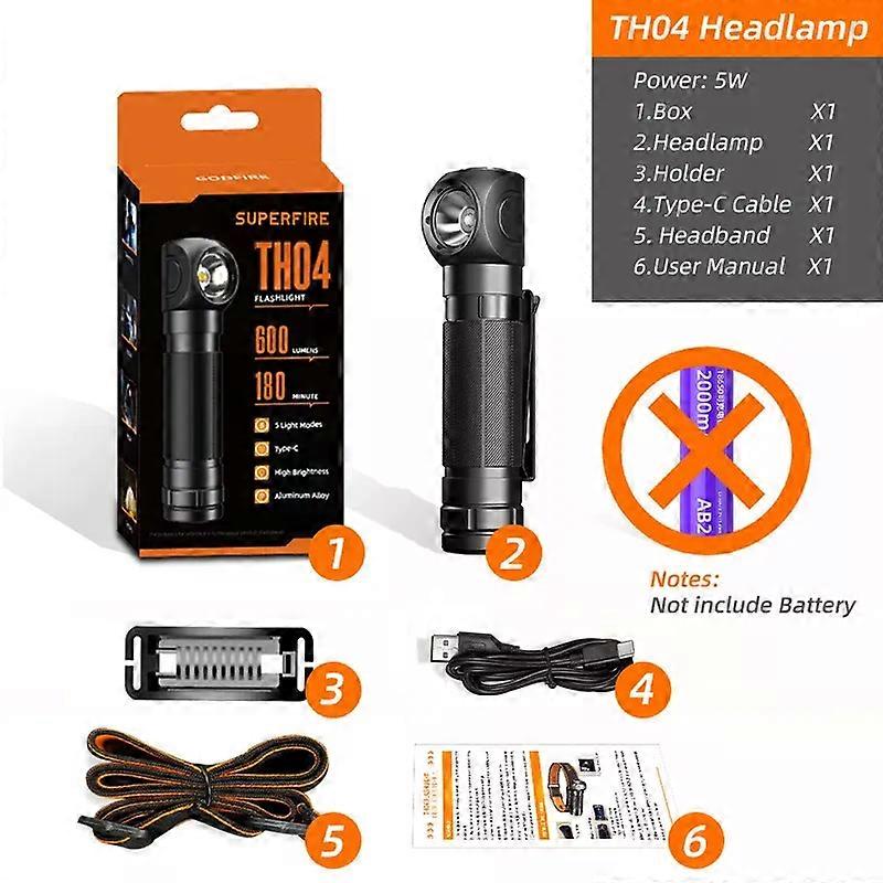 New SUPERFIRE TH04 90 Head Flashlight LED Headlamp Type C Rechargeable Headlight 18650 with Indicator Magnet Tail Work Light