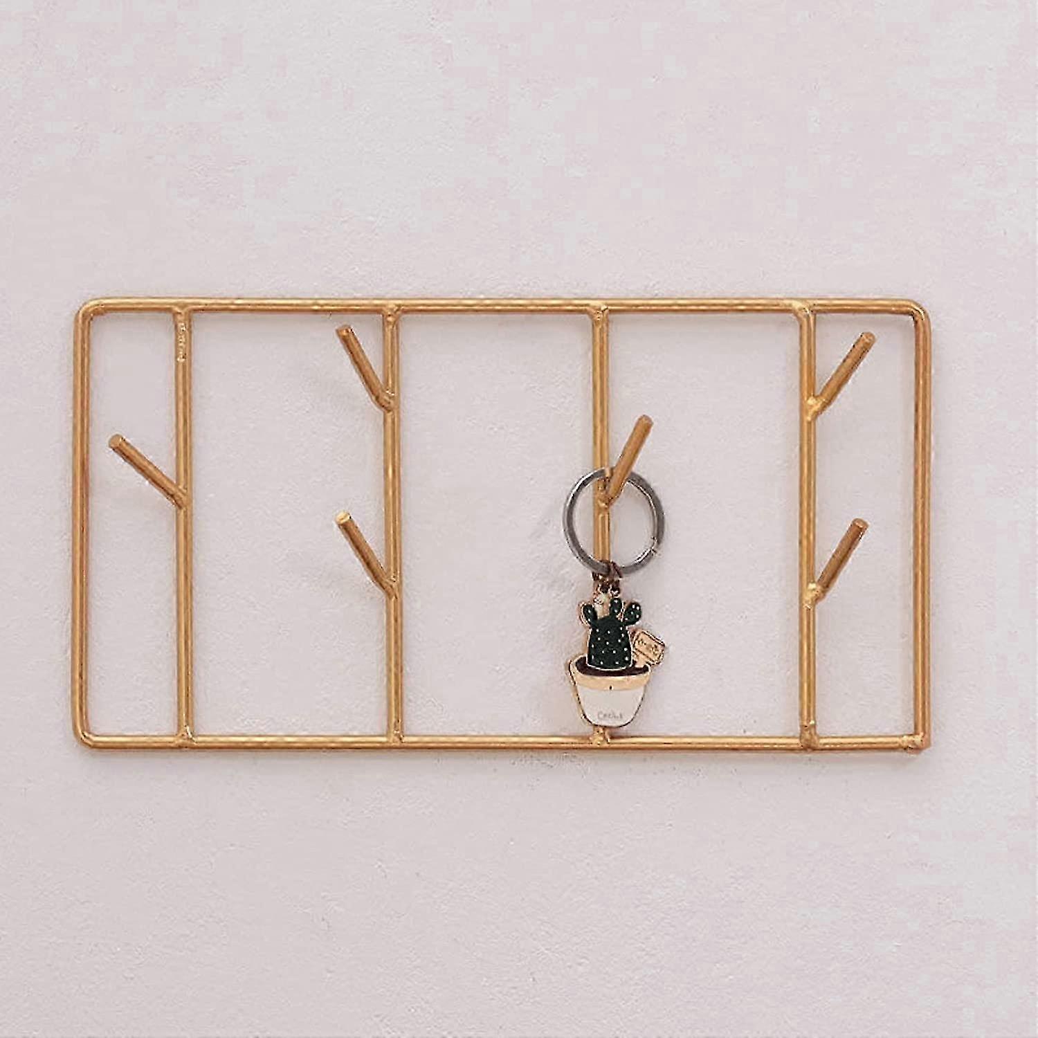 Key rack, Wall - mounted, Gold - toned, with 6 Hooks, Ideal for Organizing Keys, Dimensions: 25cm x 13.5cm