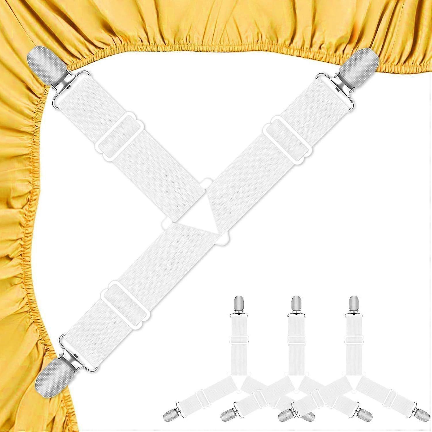 Fitted Sheet Holder, 4 Pcs White Fitted Sheet Fastener Set, Adjustable Elastic Fitted Sheet Strap with Metal Clips for Bed Sheets, Mattress Covers, S