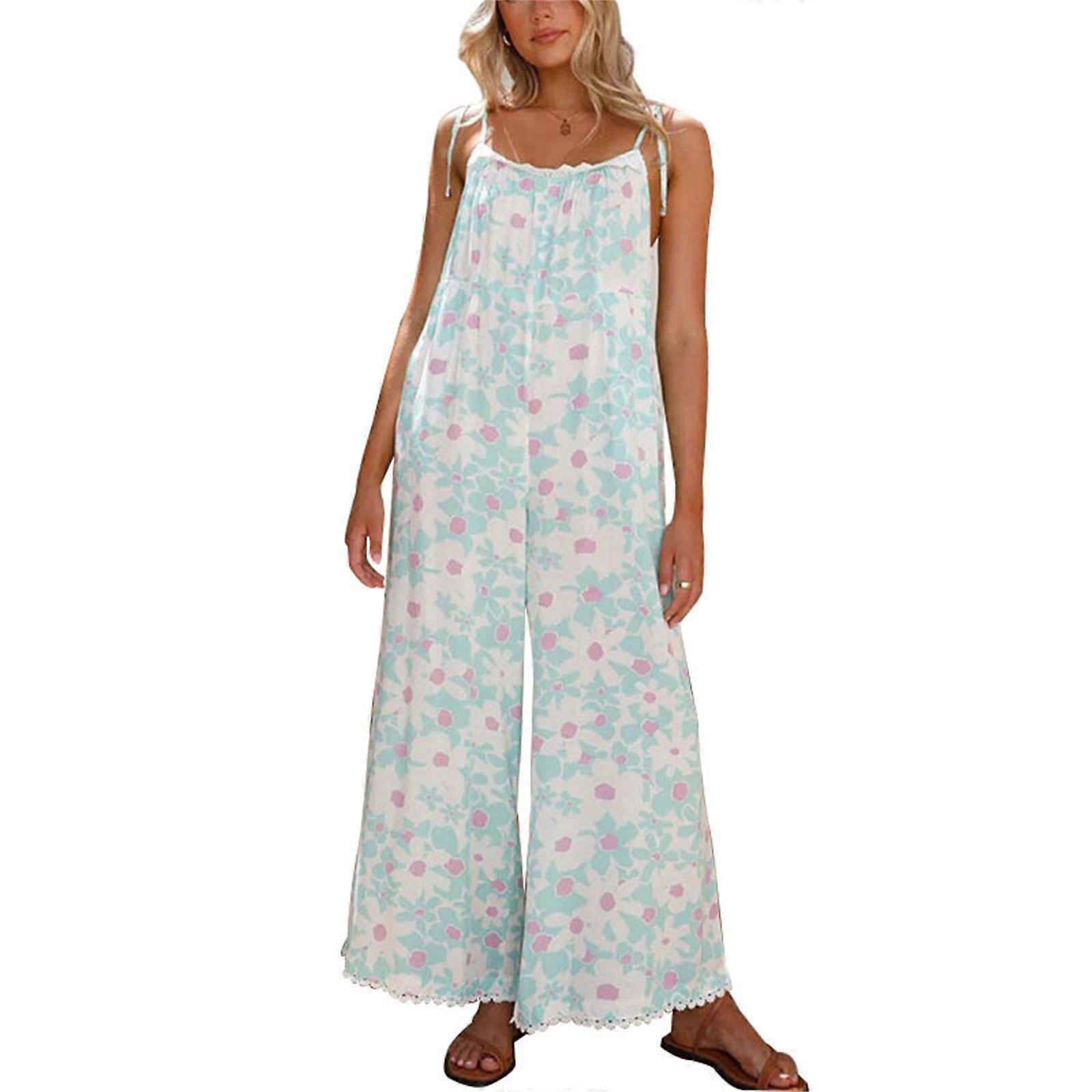 Macacão de Verão para Mulheres com Alças Finas e Alças com Bolsos Casual Casual com Estampa Floral e Perna Larga Azul Claro XL