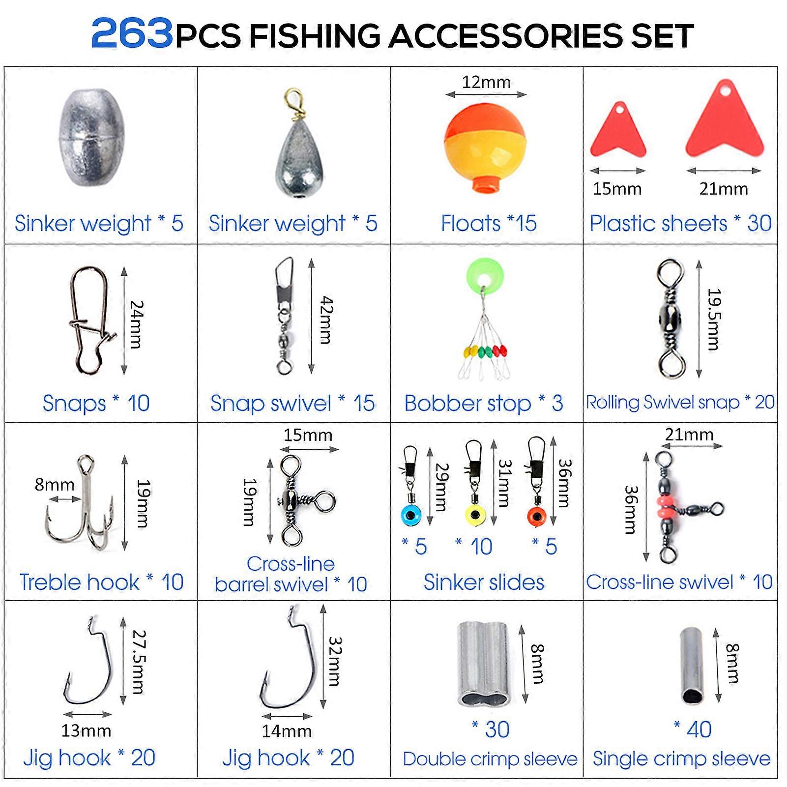 263pcs Fishing Tackle Set with Tackle Box, including pliers, jig, hooks, sinker, swivels, snaps and sinker slides.