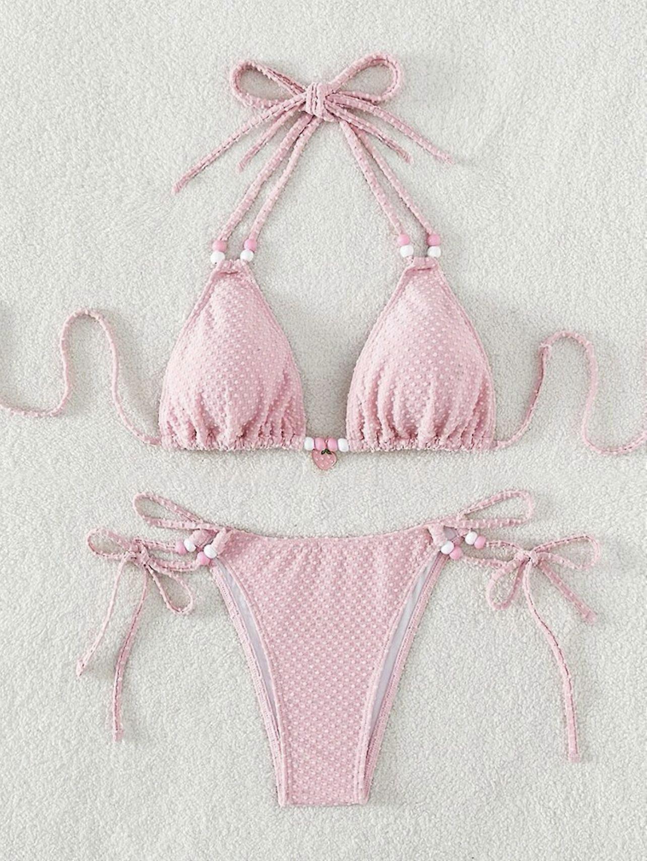Beaded triangle top & tie-side bottom Pink Waffle Textured Bikini Set | Men's Summer Shorts