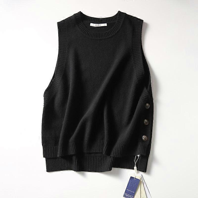 O-neck Sweater Vests Women Elegant Loose Sleeveless Knitted Sweaters Side-button All-match Stylish Popular Solid