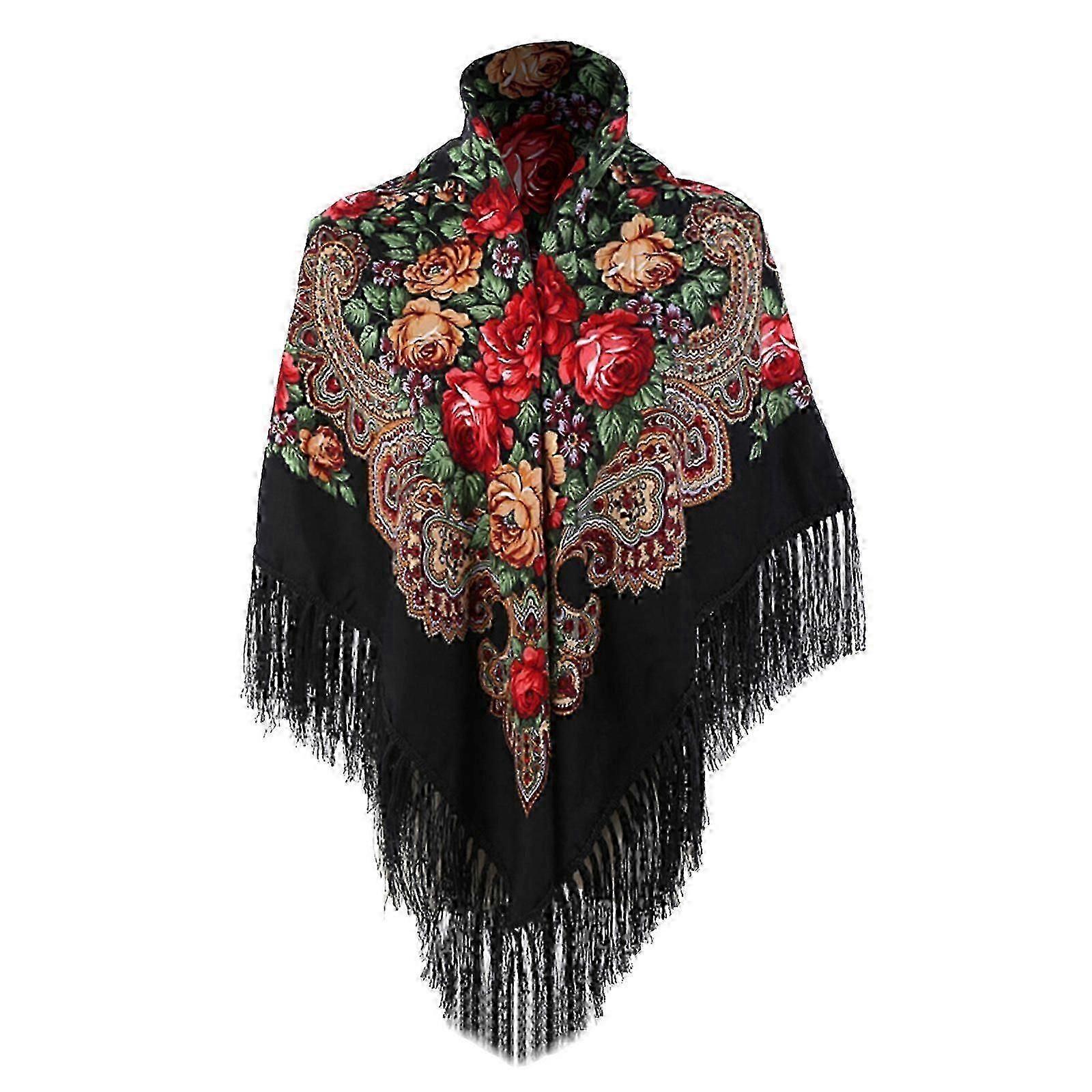Écharpe Babouchka Russe pour Femmes - Châle de Style Traditionnel Ukraine avec Glands