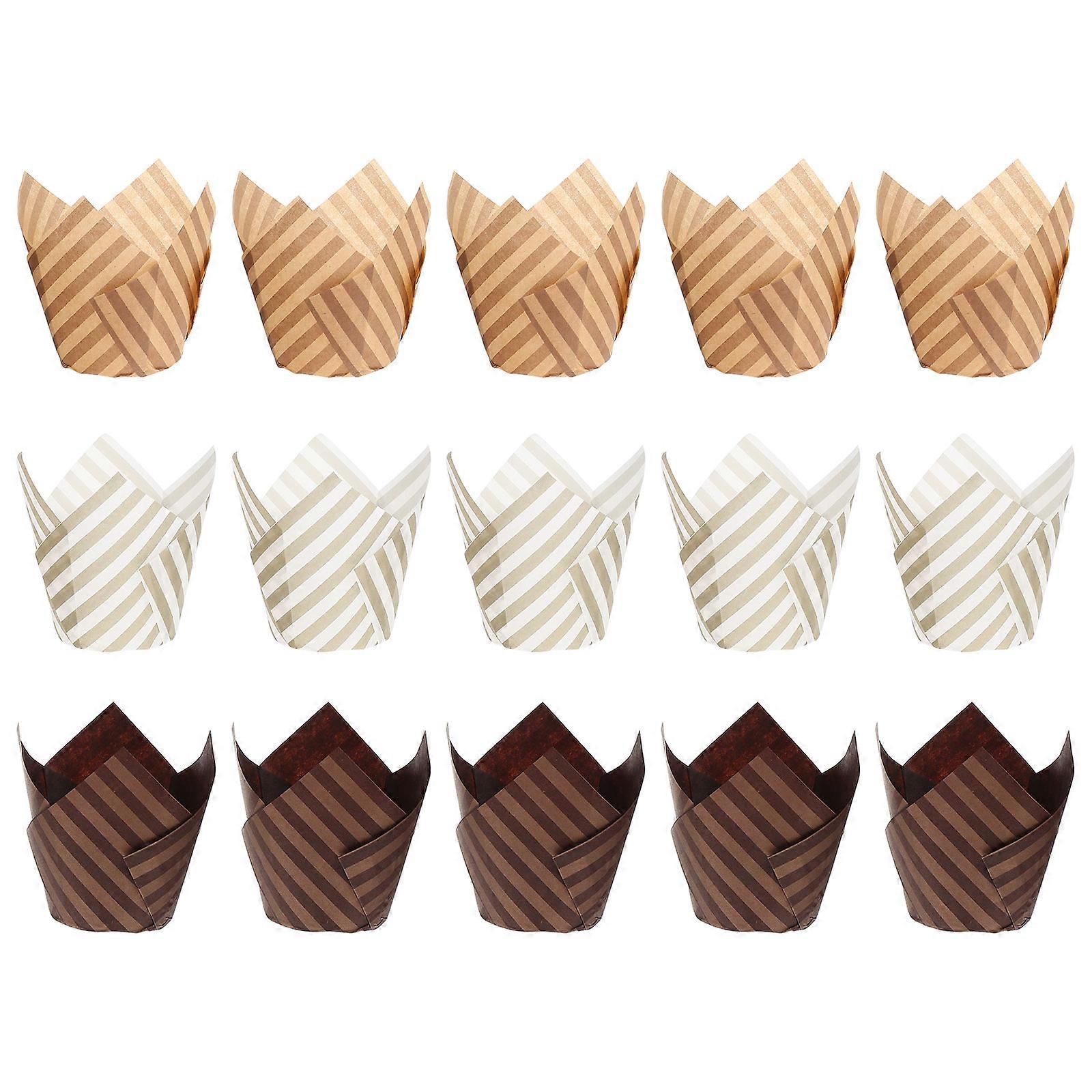 Flower Shaped Cupcake Baking Liners 150pcs High Temp Resistant Muffin Wrappers, Brown and White Striped Paper Cups for Home Bakery & Parties