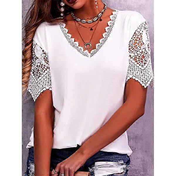 Women's Lace Patchwork Loose V-Neck Short Sleeve T-Shirt