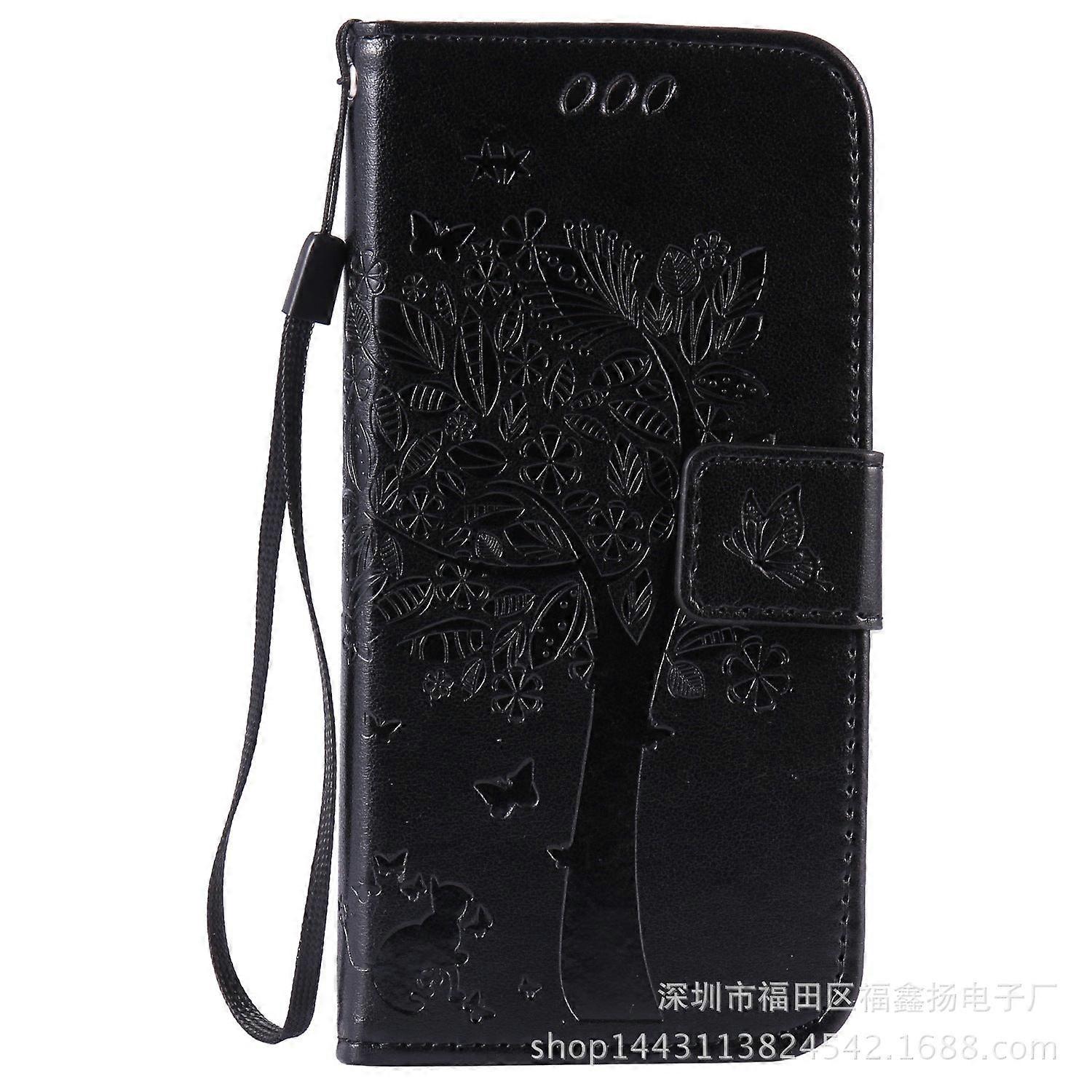 Case For Iphone 14 Pro Black Embossed Cat And Tree Card Holder Leather No5602