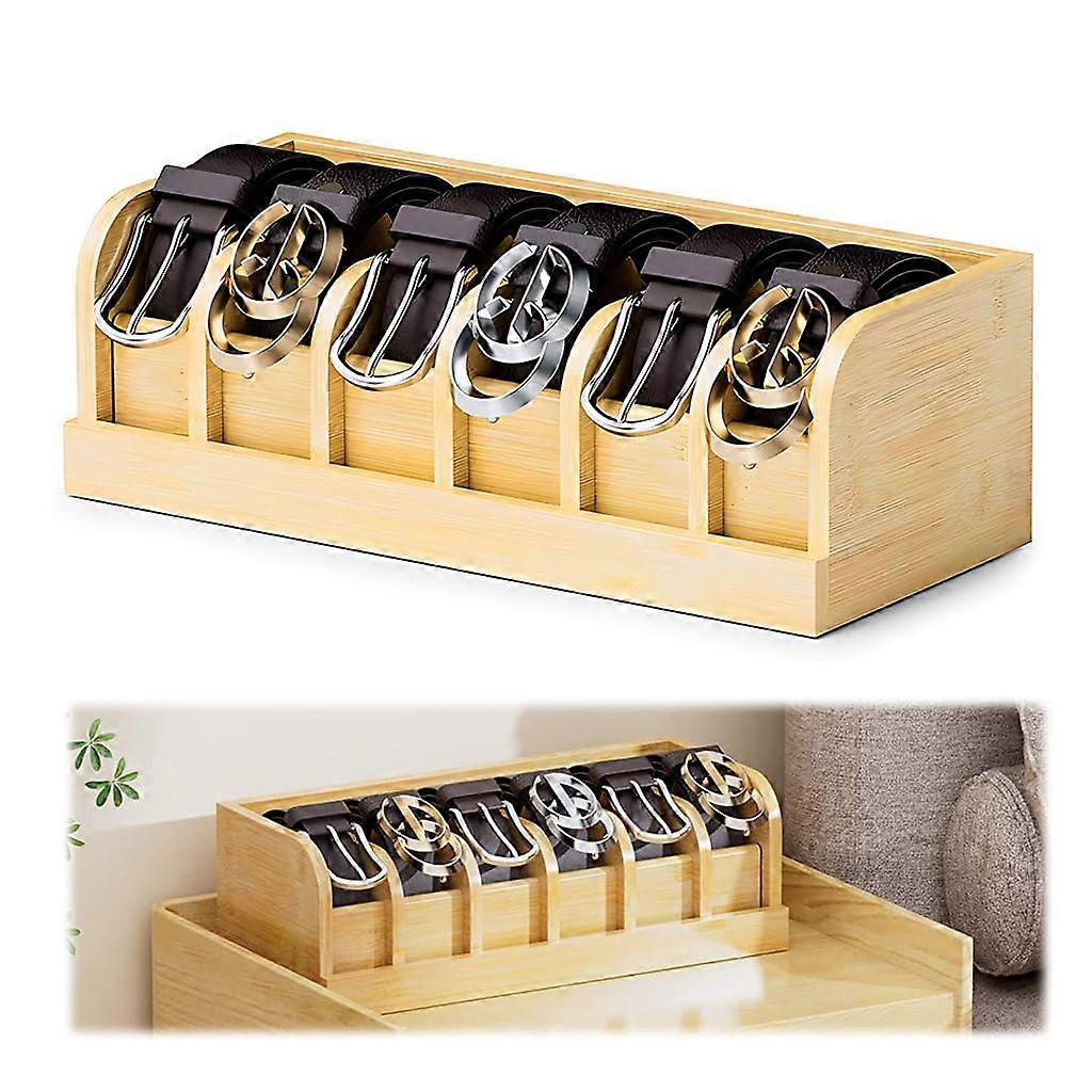 Belt Storage Belt Stand, 6 Compartments Belt Holder for Men, Bamboo Belt Display Rack for Cabinet and Drawer, Belt Display Case, Belt Organizer